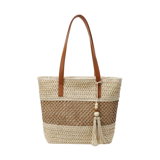 Two-Tone Tassel Tote Woven Bag