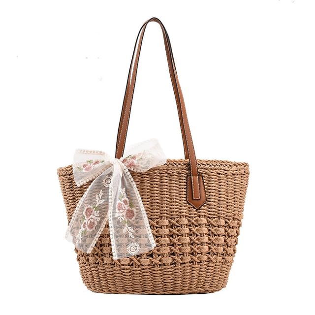 Embroidered Floral Bow Lace Tote Bag Woven