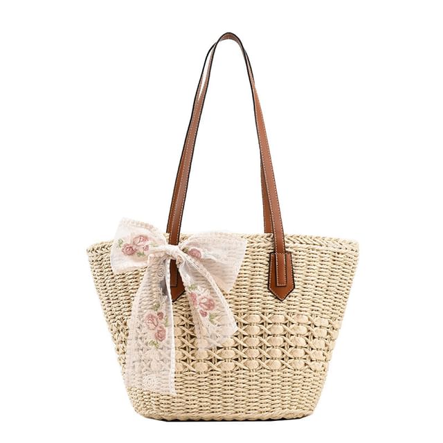 Embroidered Floral Bow Lace Tote Bag Woven