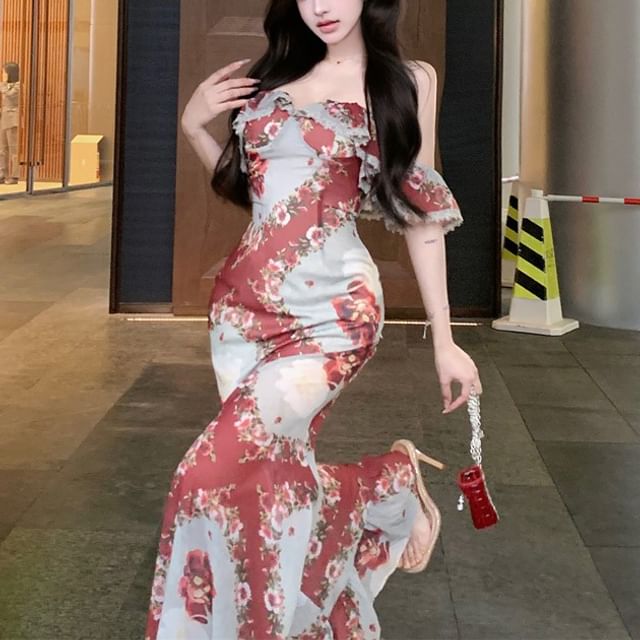 Designs) Bodycon (Various Flower Shoulder Dress Print Off