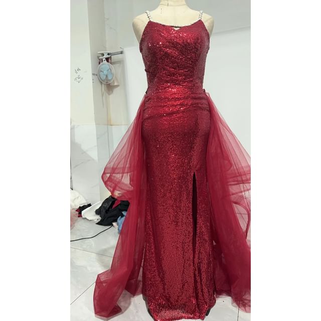 Spaghetti Strap Sequin Ruffle Side-Slit A-Line Evening Gown