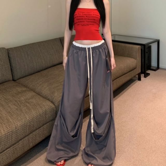 Lettering Contrast Leg Top Trim / Camisole Waist Crop Print Drawstring Wide Pants