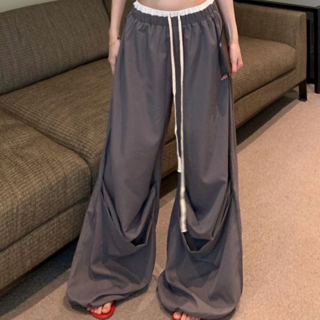 Lettering Contrast Leg Top Trim / Camisole Waist Crop Print Drawstring Wide Pants