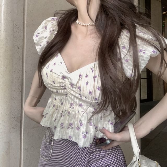 Skirt Cropped Rise High Plaid Asymmetrical Floral Pencil / Blouse Peplum Puff-Sleeve Bow Mini