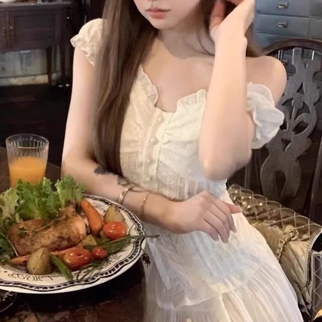 Slim Short-Sleeve High Mini / Skirt Fit A-Line Blouse Panel Waist Lace