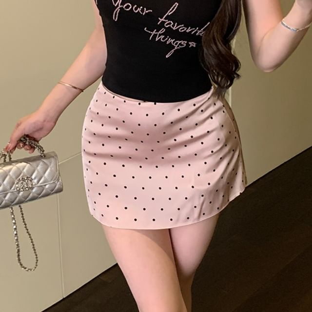 Slim Skirt Fit High Pencil Off-Shoulder Waist Tank Mini Lettering Top Embroidered Dotted /