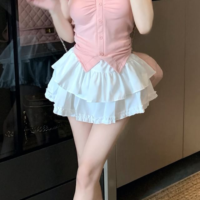 Plain Waist Ruched Skirt Crop V-Neck Tee / Mini Short-Sleeve Layered Frill Slit Trim A-Line High