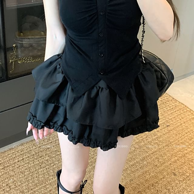 Plain Waist Ruched Skirt Crop V-Neck Tee / Mini Short-Sleeve Layered Frill Slit Trim A-Line High