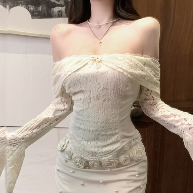 Fit Slim Rise Top / Off-Shoulder Panel Crop Pencil Floral Long-Sleeve Lace Skirt Accent Mini High