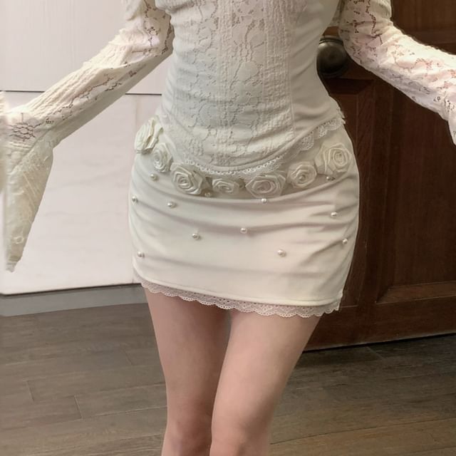 Fit Slim Rise Top / Off-Shoulder Panel Crop Pencil Floral Long-Sleeve Lace Skirt Accent Mini High