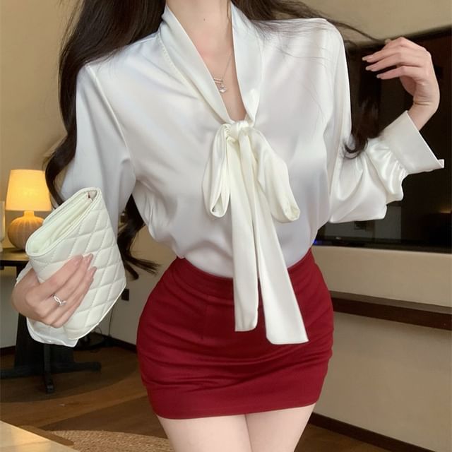 Rise Pencil Sleeve High Neck Plain Mini Skirt Satin Long / Tie Blouse