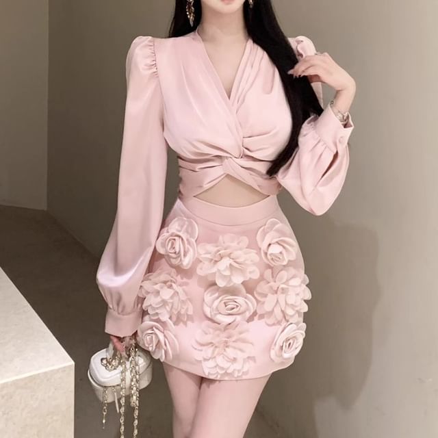 Sleeve Applique / Long Rise Ruched Mini Plain Blouse Pencil V-Neck Floral Skirt Crop High