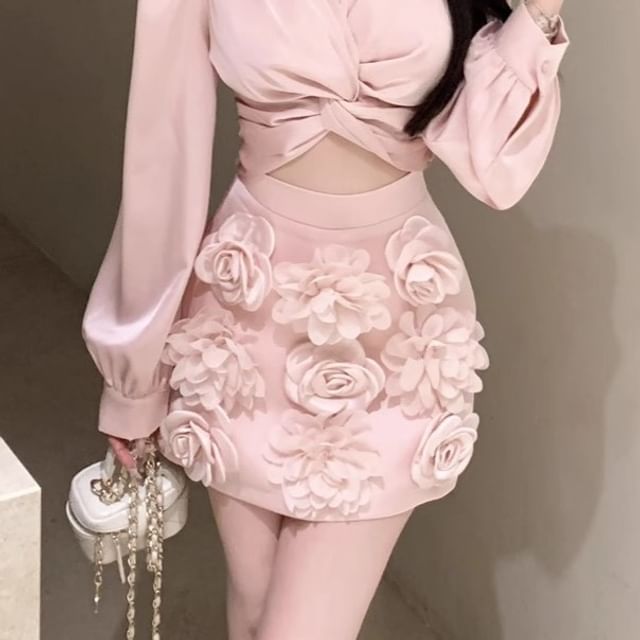 Sleeve Applique / Long Rise Ruched Mini Plain Blouse Pencil V-Neck Floral Skirt Crop High