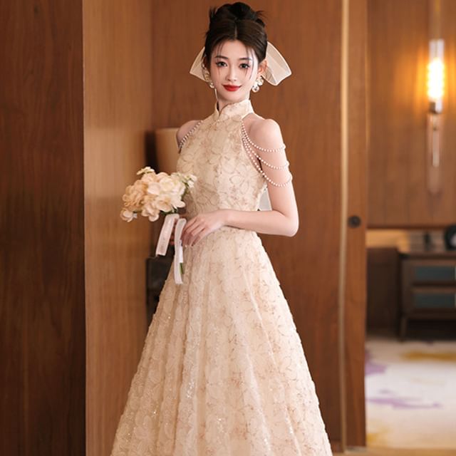 Collar Faux Neck Fringed Halter Floral Jacquard A-Line Evening Dress Pearl Stand