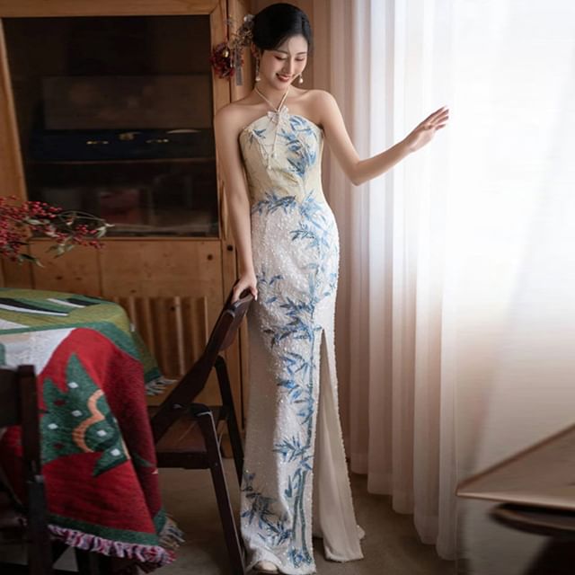 Slit Embroidered Dress Halter Evening Neck Bamboo Sequin Mermaid