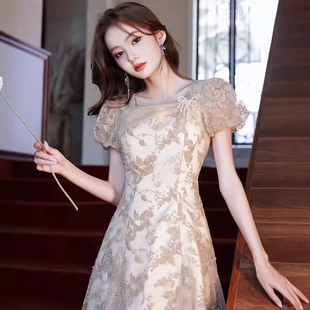 Puff-Sleeve Square Neck Floral Embroidered Sequin Faux Pearl A-Line Evening Gown