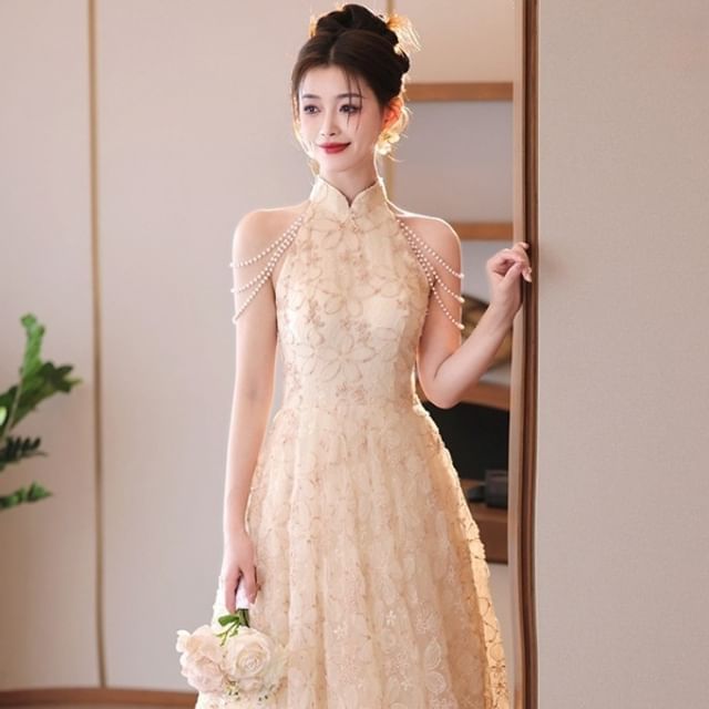 Collar Faux Neck Fringed Halter Floral Jacquard A-Line Evening Dress Pearl Stand