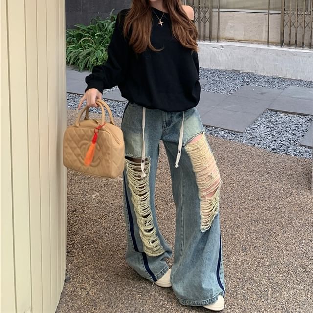 Off-Shoulder Pullover / Plain Contrast Waist Drawstring Trim