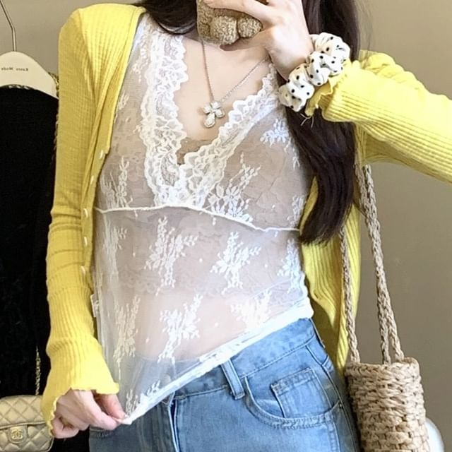 V-Neck Cardigan Ruffle Neck Scoop Top Trim Camisole / Lace Plain