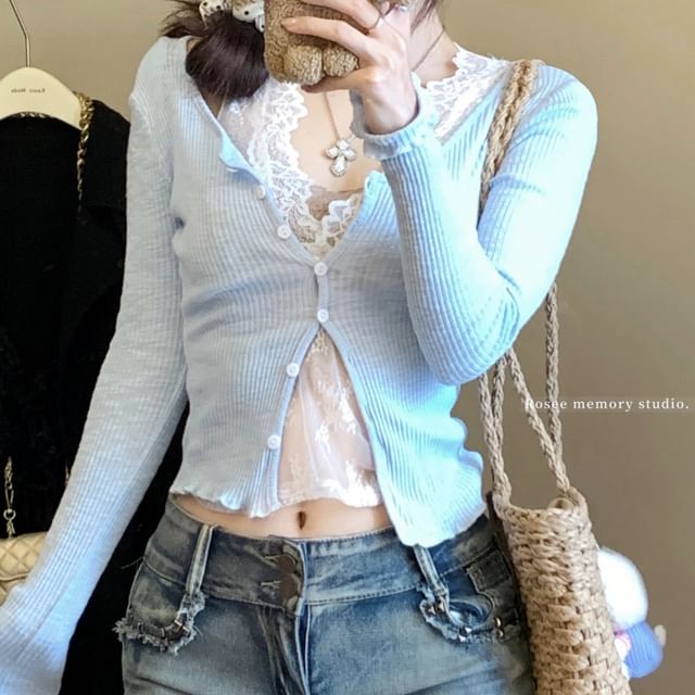 V-Neck Cardigan Ruffle Neck Scoop Top Trim Camisole / Lace Plain