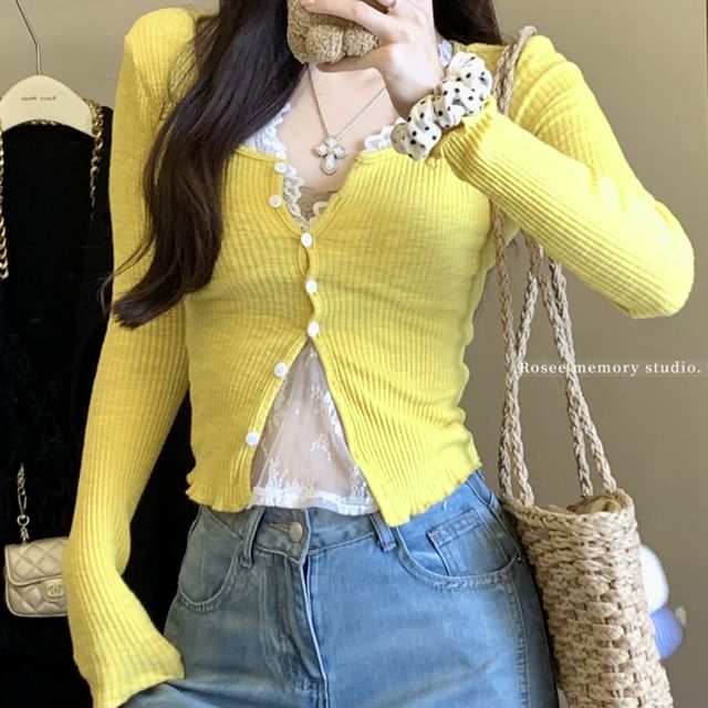 V-Neck Cardigan Ruffle Neck Scoop Top Trim Camisole / Lace Plain