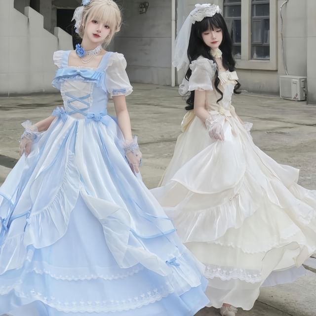 Short-Sleeve Ruffle Trim Mesh Panel Maxi A-Line Dress / Bow / Train / Set