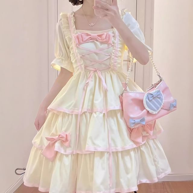 Short-Sleeve Criss Cross Bow Tiered Ruffle Trim A-Line Dress / Train / Petticoat Skirt / Set