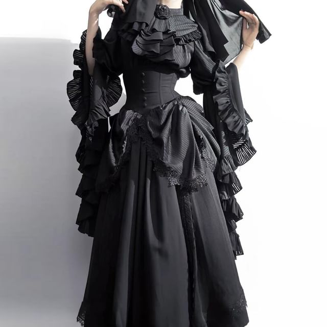 Long-Sleeve Band Collar Plain Frill Trim Slim Fit Blouse / Elastic Waist Midi A-Line Skirt / Lace Trim Cover Up Skirt / Set