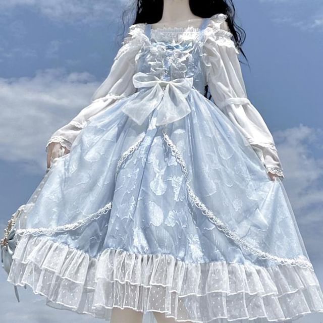 Bow Frill Trim Lace Panel Midi A-Line Overall Dress