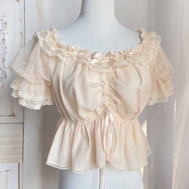 Short-Sleeve Boat Neck Bow Lace Trim Peplum Cropped Blouse