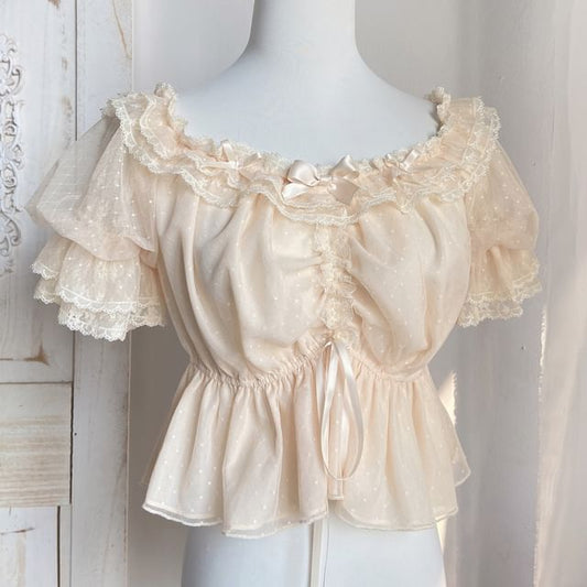 Short-Sleeve Boat Neck Bow Lace Trim Peplum Cropped Blouse