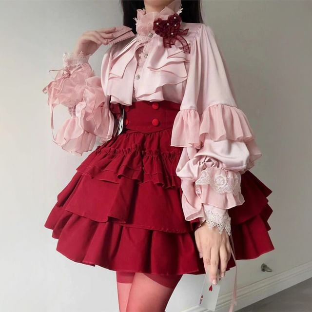 Long-Sleeve Ruffle Trim Tiered Lace Panel Blouse