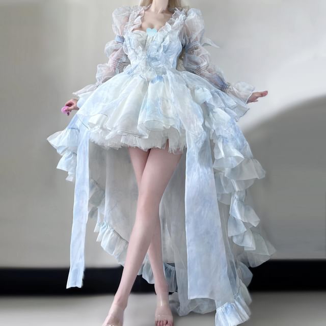 Spaghetti Strap Mini A-Line Corset Dress / Ruffle Trim Maxi Light Jacket / Petticoat Skirt / Set