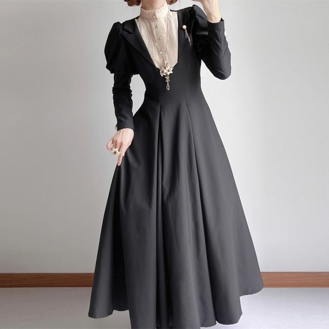 Long-Sleeve Band Collar Two Tone Midi A-Line Dress / Wrist Cuff / Pendant Necklace / Set