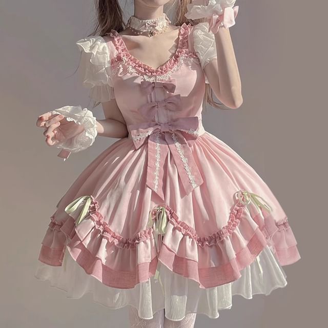 Short-Sleeve Bow Ruffle Trim Lace Panel Mini A-Line Dress / Wrist Cuff / Petticoat Skirt / Set
