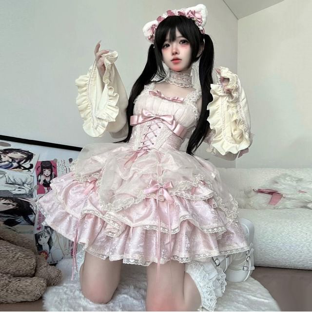 Long-Sleeve Cold-Shoulder Bow Tiered Lace Panel Mini A-Line Dress / Arm Sleeves / Choker / Petticoat Skirt / Set