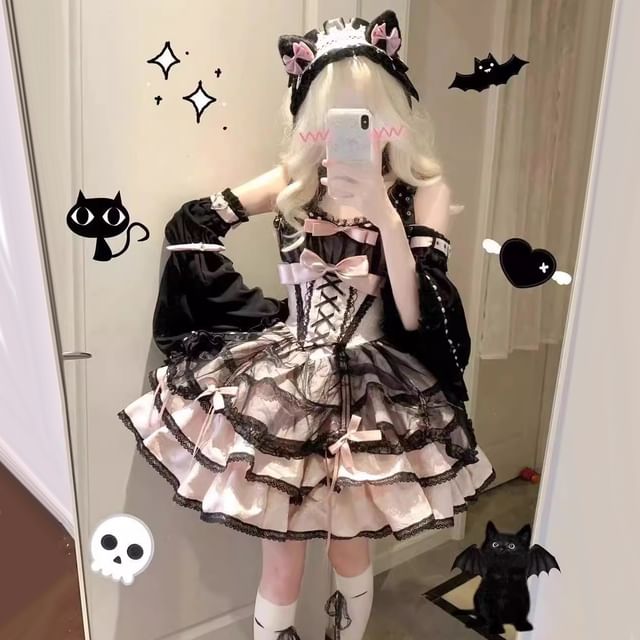 Long-Sleeve Cold-Shoulder Bow Tiered Lace Panel Mini A-Line Dress / Arm Sleeves / Choker / Petticoat Skirt / Set