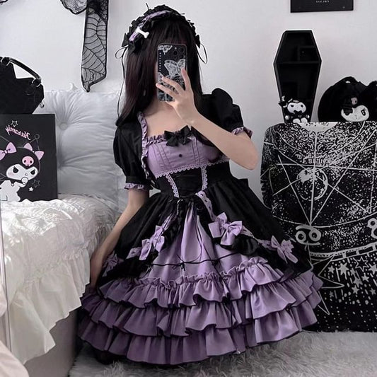 Spaghetti Strap Two Tone Bow Tiered Ruffle Trim A-Line Dress / Short-Sleeve Bolero Jacket / Set (Various Designs)