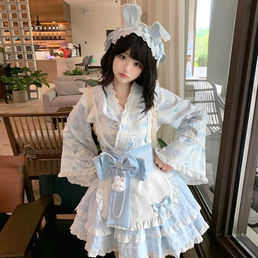Long-Sleeve Rabbit Print Lace Trim Kimono Top / High Rise Tiered Mini A-Line Skirt / Apron / Bow Sash / Ear Headband / Set