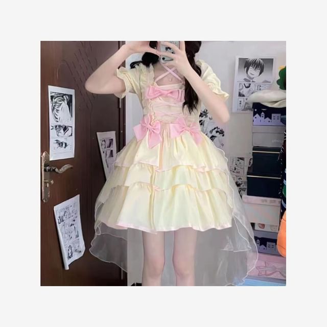 Short-Sleeve Criss Cross Bow Tiered Ruffle Trim A-Line Dress / Train / Petticoat Skirt / Set