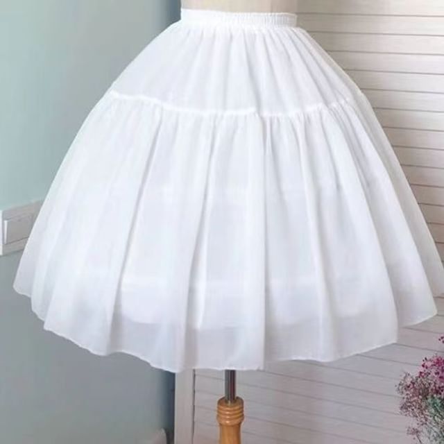 Short-Sleeve Criss Cross Bow Tiered Ruffle Trim A-Line Dress / Train / Petticoat Skirt / Set