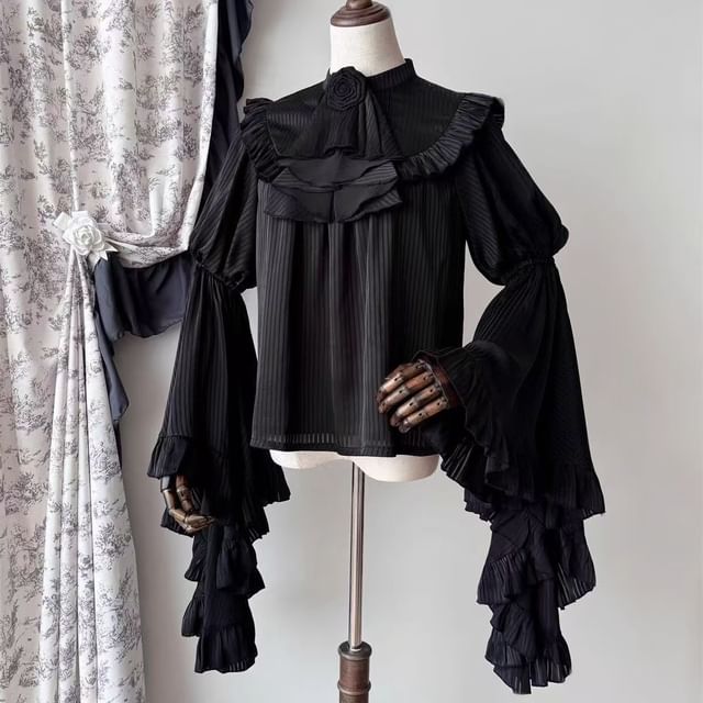 Long-Sleeve Band Collar Plain Frill Trim Slim Fit Blouse / Elastic Waist Midi A-Line Skirt / Lace Trim Cover Up Skirt / Set