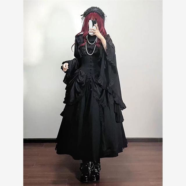 Long-Sleeve Band Collar Plain Frill Trim Slim Fit Blouse / Elastic Waist Midi A-Line Skirt / Lace Trim Cover Up Skirt / Set