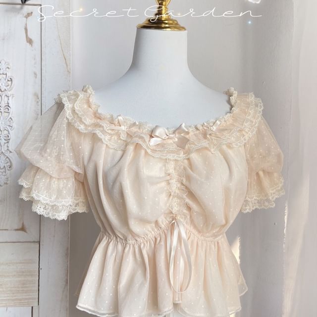Short-Sleeve Boat Neck Bow Lace Trim Peplum Cropped Blouse