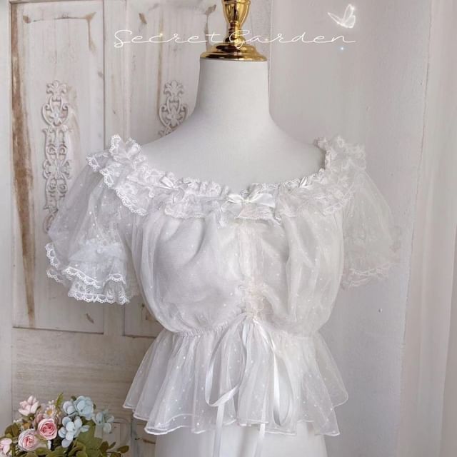 Short-Sleeve Boat Neck Bow Lace Trim Peplum Cropped Blouse