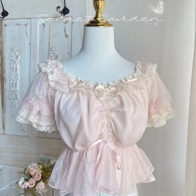 Short-Sleeve Boat Neck Bow Lace Trim Peplum Cropped Blouse