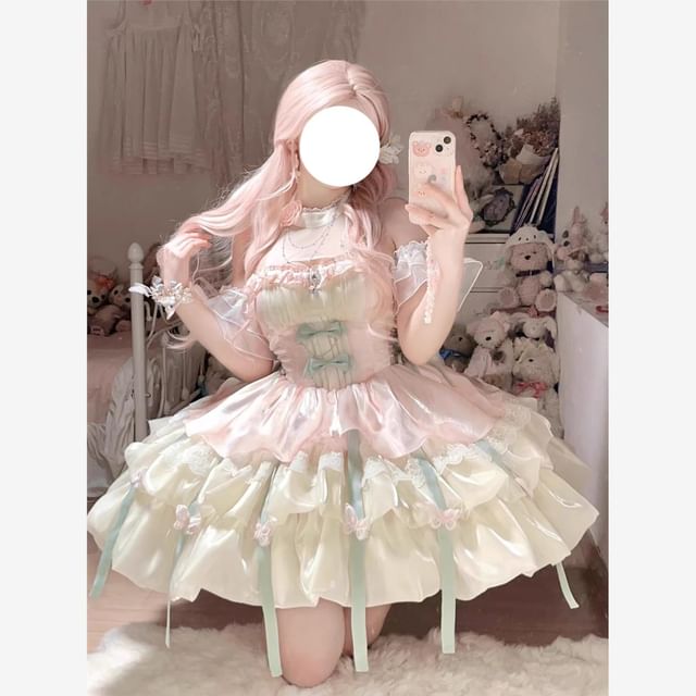 Sleeveless Bow Butterfly Accent Tiered Ruffle Trim Mini A-Line Dress / Train / Petticoat Skirt / Necklace / Set