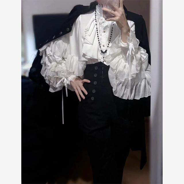 Long-Sleeve Ruffle Trim Tiered Lace Panel Blouse