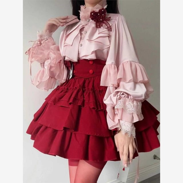 Long-Sleeve Ruffle Trim Tiered Lace Panel Blouse