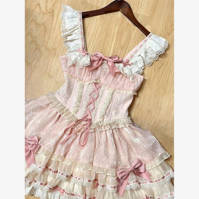 Cap-Sleeve Square Neck Bow Tiered Lace Trim Mini A-Line Dress / Choker / Fascinator Hat / Set